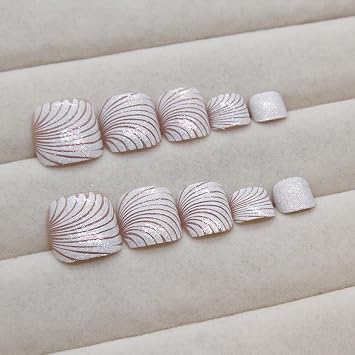 White Toe Press on Nails Short Toe Nail Press ons with Shell Pattern Designs Summer Press on Toenails for Women Square Fake Toe Nails Reusable Acrylic Toenails for Pedicure Decorations 24 Pcs