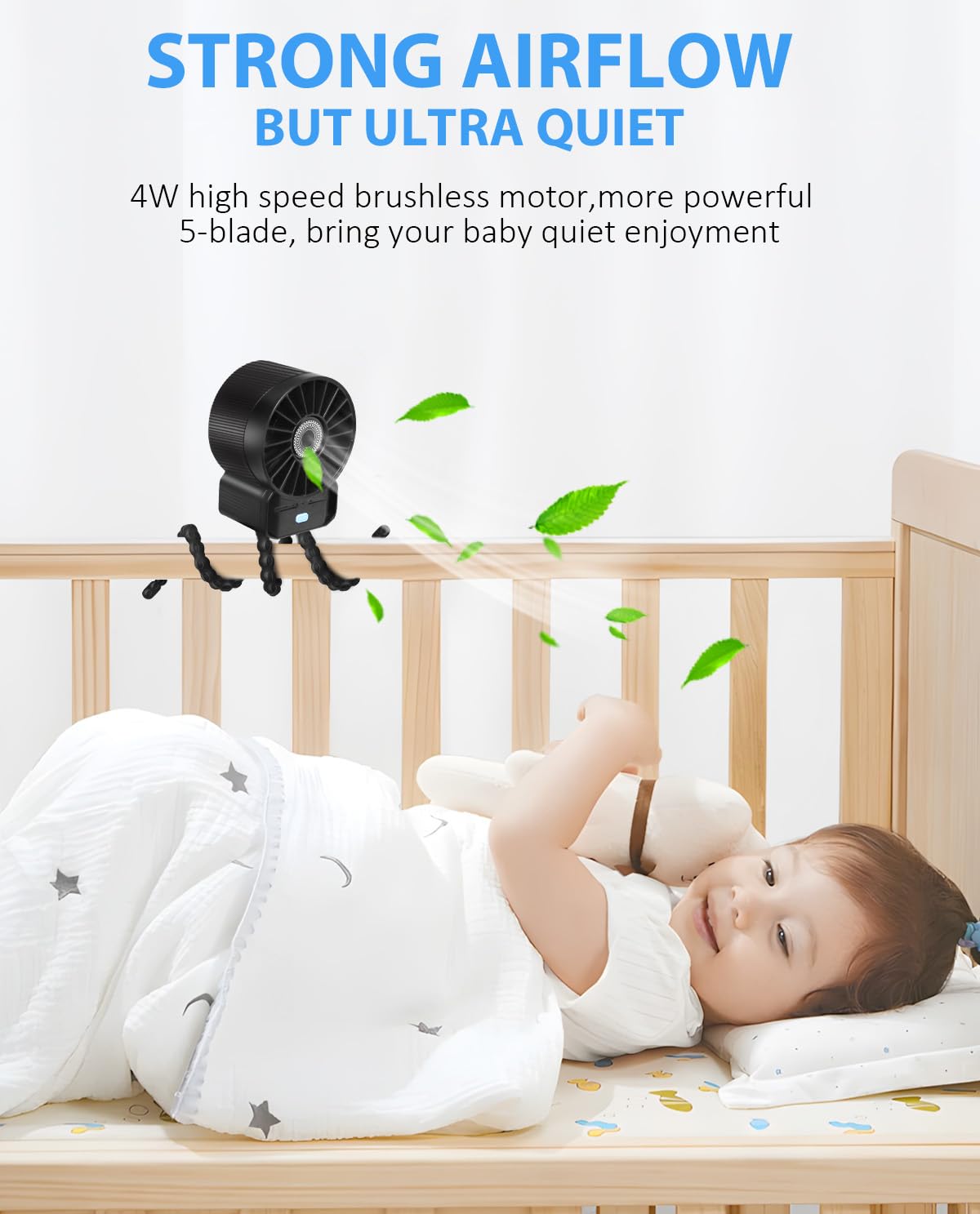 Feebee Ventilatore Portatile Per Passeggino, Mini Ventilatore USB da Tavolo con Flessibile Clip Treppiede, 4 velocità, Silenzioso e Potente per Passeggino Culle Auto Campeggio