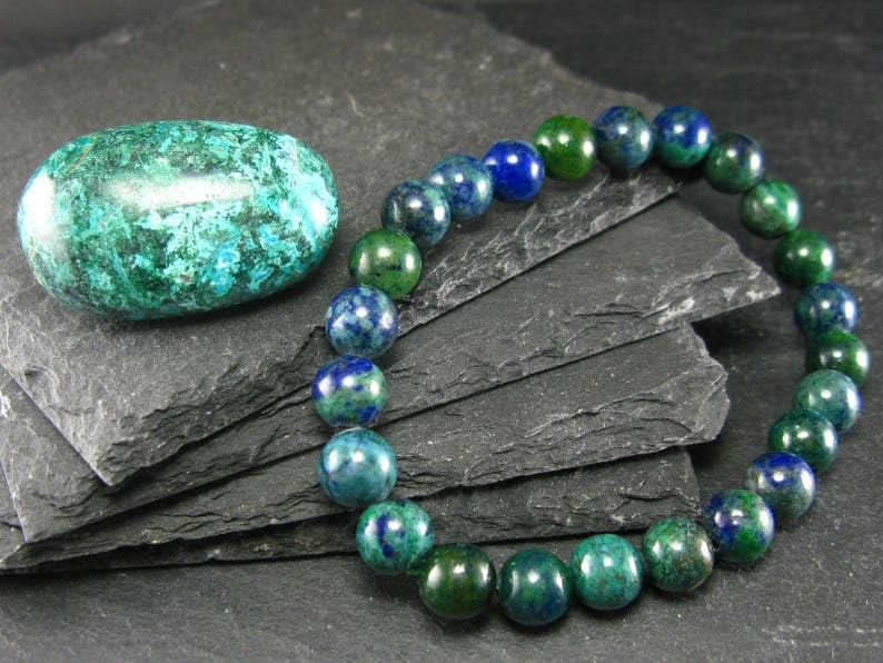 Natural Dioptase Chrysocolla Malachite Shattuckite 8mm Round Shape Smooth Cut Beads 6.5 Inch Stretchable Bracelet For Men & Women. Unisex Bracelet For Healing, Meditation &... - Image 2
