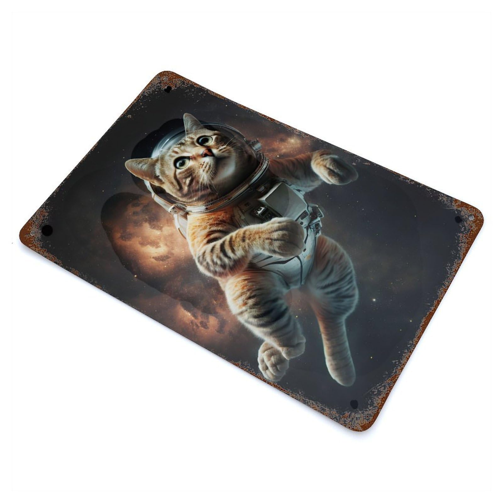 Astronaut Cat in Space 11.8"x7.9" Rustic Tin Plaque, Farmhouse Wall Decor for Basement, Hobby Room And Garage Decor