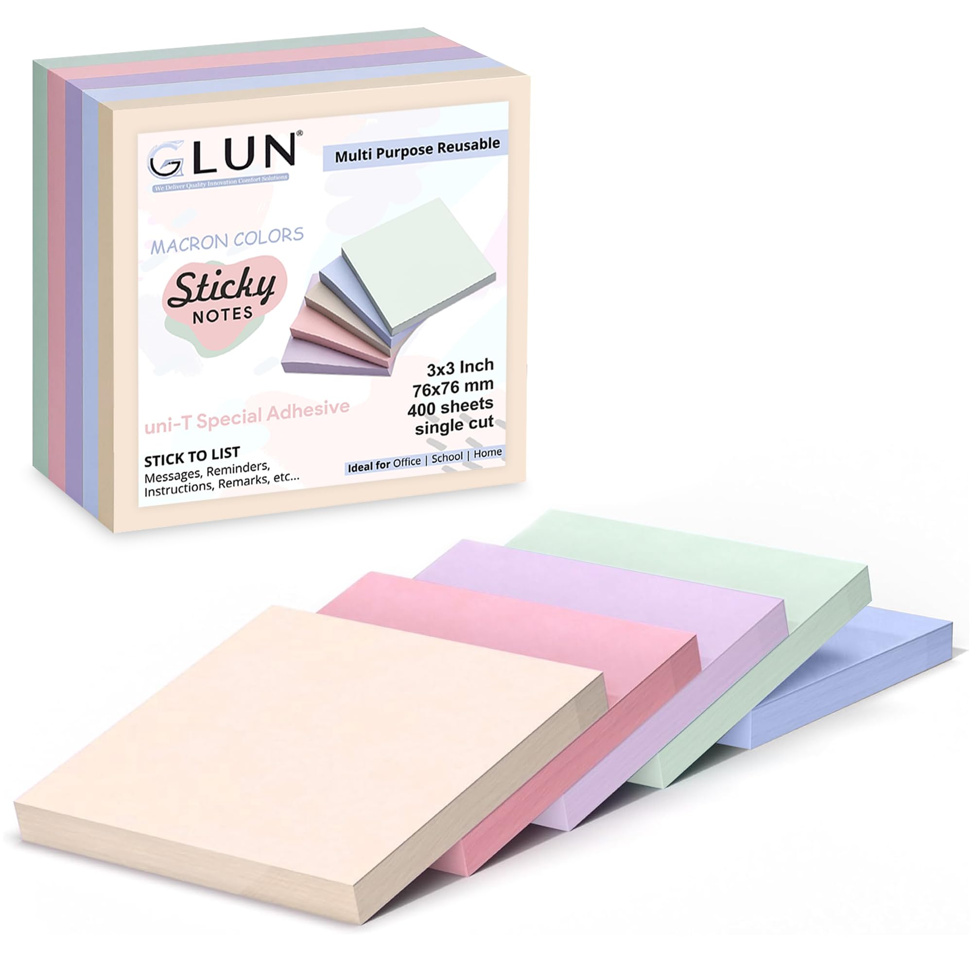GLUN® Colourful Sticky Notes - 400 Sheets, Self-Adhesive Memo Pads in Vibrant Colors for Office uses-image-2