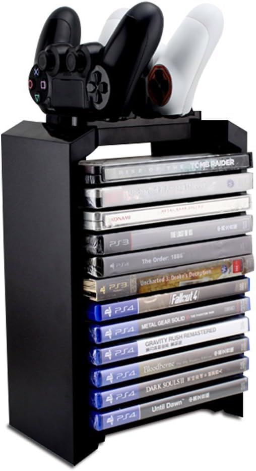 Amever-PS4 Storage Tower Holder Stand & Dual Charger Dock for Sony Dualshock 4 Controller/Gamepad Joystick - PlayStation 4 Console Controllers Charging Station - Stores 12 Games - PlayStation 4