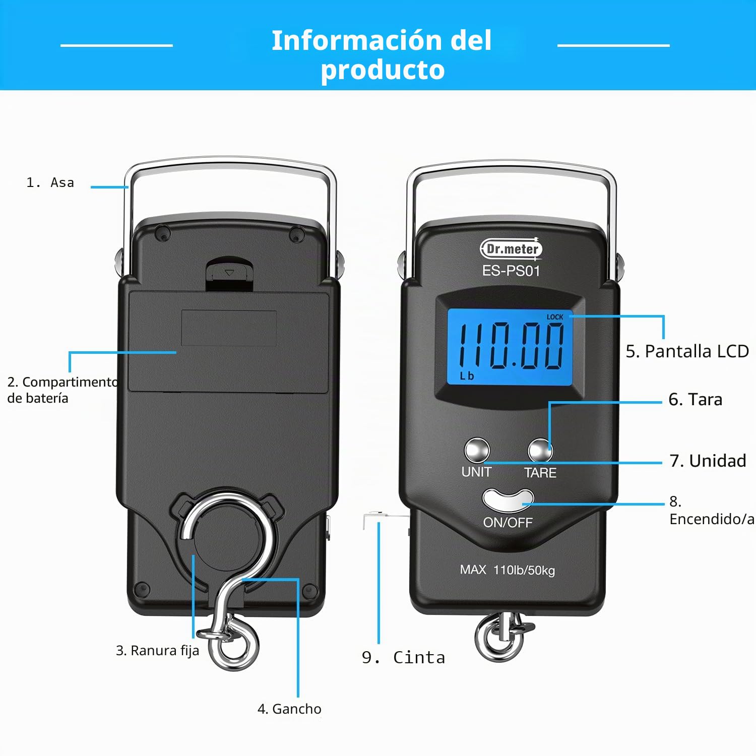 Bascula pesca, Dr.meter pesa maletas, bascula maletas, Electrónico Digital con Pantalla LCD Retroiluminado 110 Libras / 50kg con Cinta Métrica, 2 Pilas AAA Incluidas