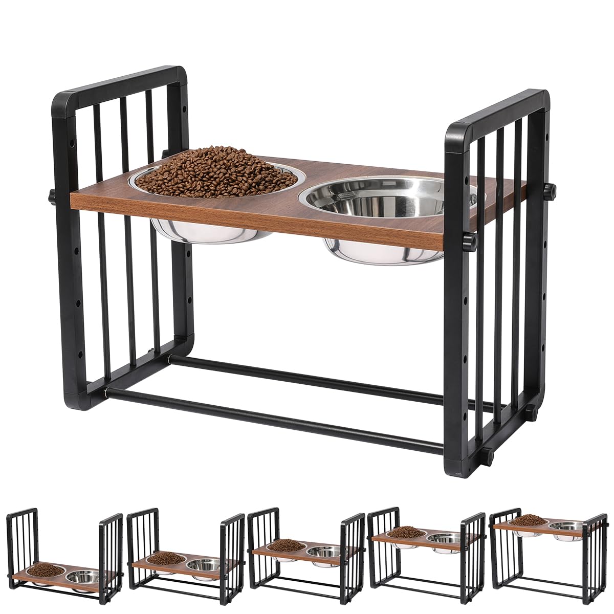 Cuencos elevados para perros ajustables de 5 alturas, comedero elevado de metal para mascotas con 2 cuencos de acero inoxidable para alimentos y agua, platos de comida para perros grandes y medianos
