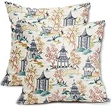 Chinoiserie Pillow Covers 18 X 18 Inch Set of 2 Pagoda Throw Pillow Covers Linen Square Pillow Chino