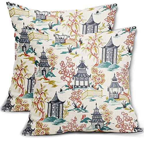 Chinoiserie Pillow Covers 18 X 18 Inch Set Of 2 Pagoda Throw Pillow Covers Linen Square Pillow Chinoiserie Chic Asian Cushion Cover Farmhouse Decor For Room Sofa Living Room Car #TOP13
