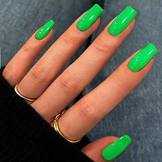 KXAMELIE Grass Green Press on Nails Long Square, Soft Gel Fake Nails Medium Coffin, Glossy Full Cover Press on Acrylic Nails with Nail Glue, Reusable Glue on Nail for Women, Easy to Apply, 24 Pcs