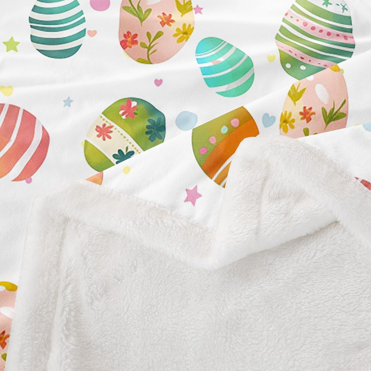 Happy Easter Kids Flannel Blanket,Watercolor Cute Eggs Floral Print Fuzzy Blanket for Children,Cartoon Holiday Stripes Geometric Polyester Throw Blanket for Couch, Twin Size (60 x 80 Inch)