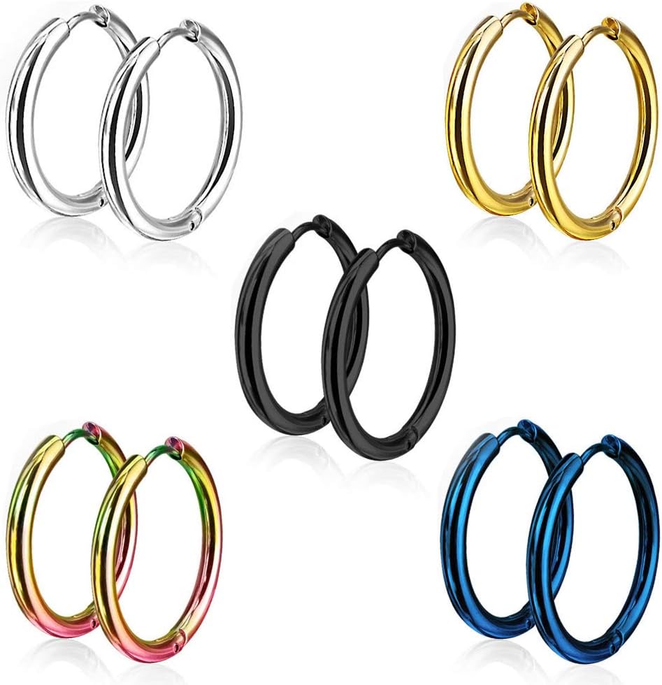 Epoch World5 Pairs 15mm 316L Stainless Steel Huggie Hinged Hoop Earrings for Men Women, Jewelry Men Earrings Black, Small Silver Hoop Earrings Set, Titanium Gold Women Earrings Ladies Piercing