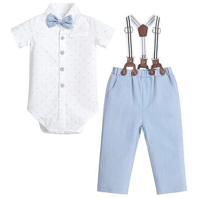 Baby Boy Clothes Gentleman Outfits Infant Bodysuit Short Sleeve Shirt with Bowtie Suspender Pants Suits Set 0-18M