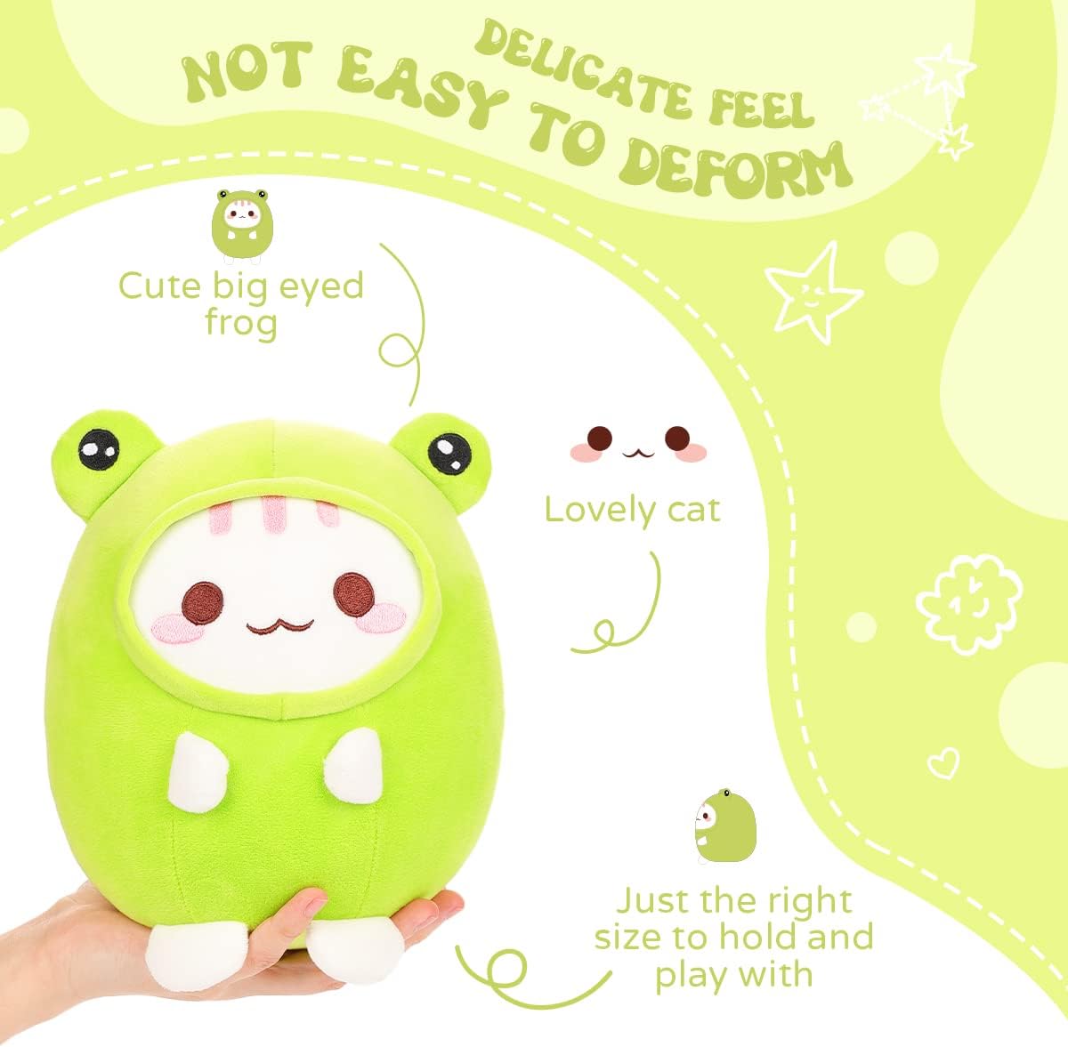 AIXINI Cute Cat Plush Pillow 8" Kitten Stuffed Animal, Soft Kawaii Cat Plushie with Frog Outfit Costume Gift for Kids image 4
