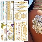 Gold Henna Temporary Tattoo Stickers,6 Sheets Lace Pattern Fake Tattoos Mystery Sexy Mandala Flower