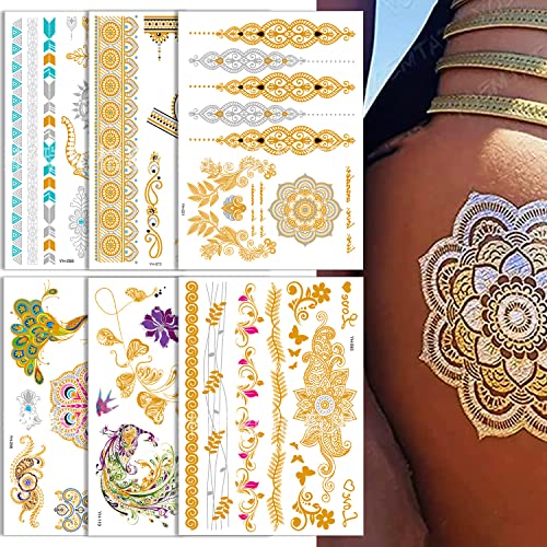 Gold Henna Temporary Tattoo Stickers,6 Sheets Lace Pattern Fake Tattoos Mystery Sexy Mandala Flower Body Art Design Waterproof Henna Sticker For Women Girls Diy On Body Face Arms Legs (Gold) #TOP8