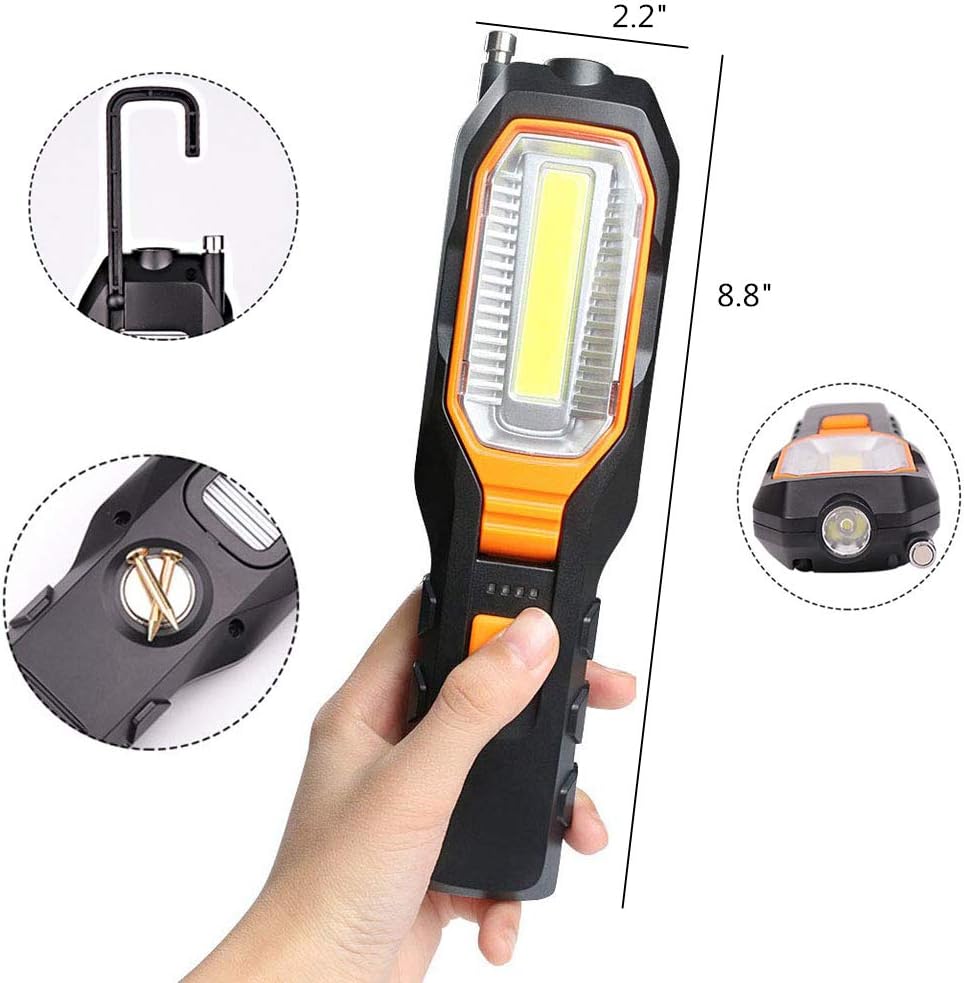 BESTSUN LED Rechargeable Work Light, Portable Handheld USB Flashlight Torch with Magnetic Work Lamp, Magnet & Hook, 4 Modes for Auto Car Truck Garage Mechanic Workshop
