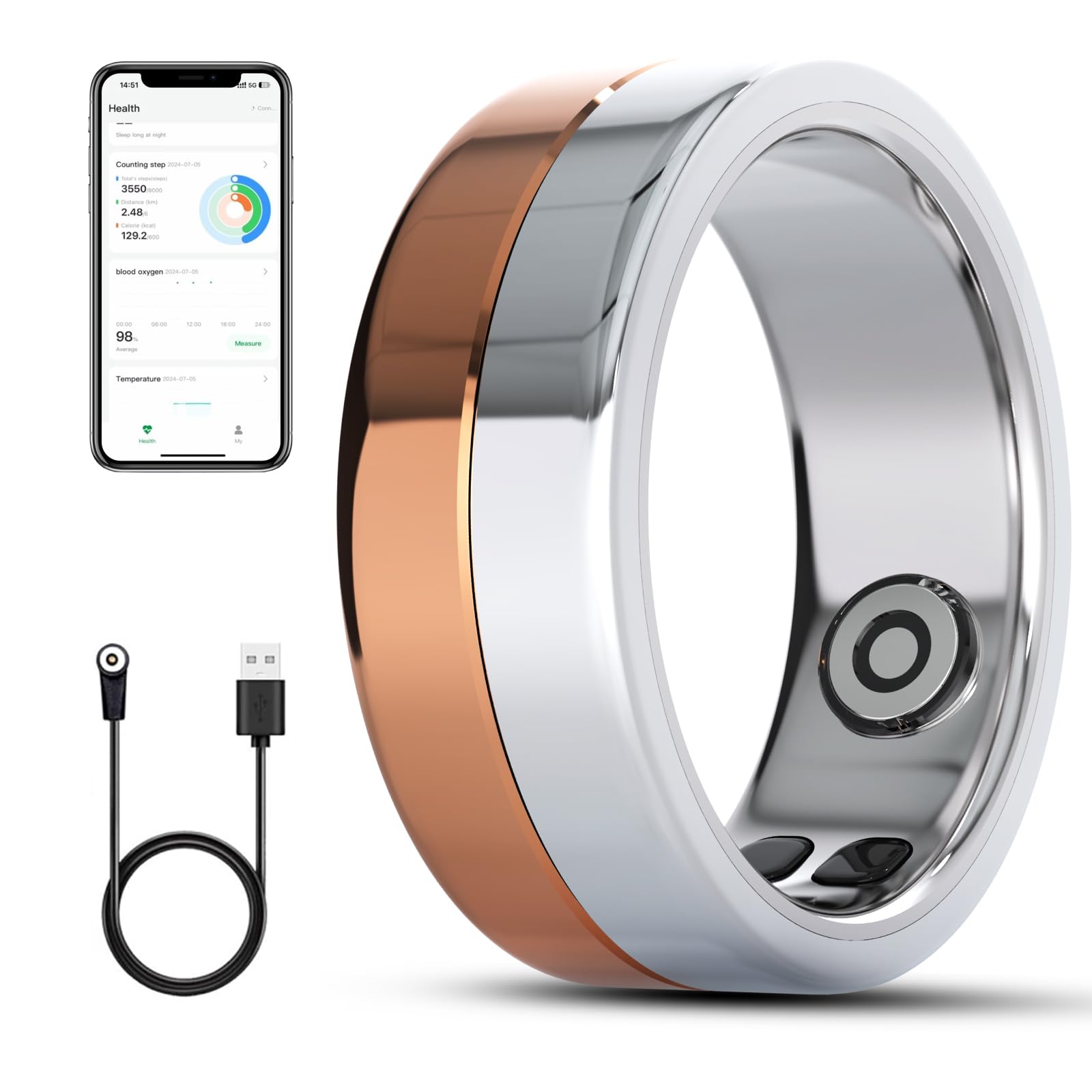 LNCOON Smart Ring Fitness Health Tracker for Women Men - with Heart Rate,Blood Oxygen, Sleep Tracker, No Subscription Fee, Anti-Lost Bluetooth Tag for iPhone & Android(Gold with Silver, 9#)