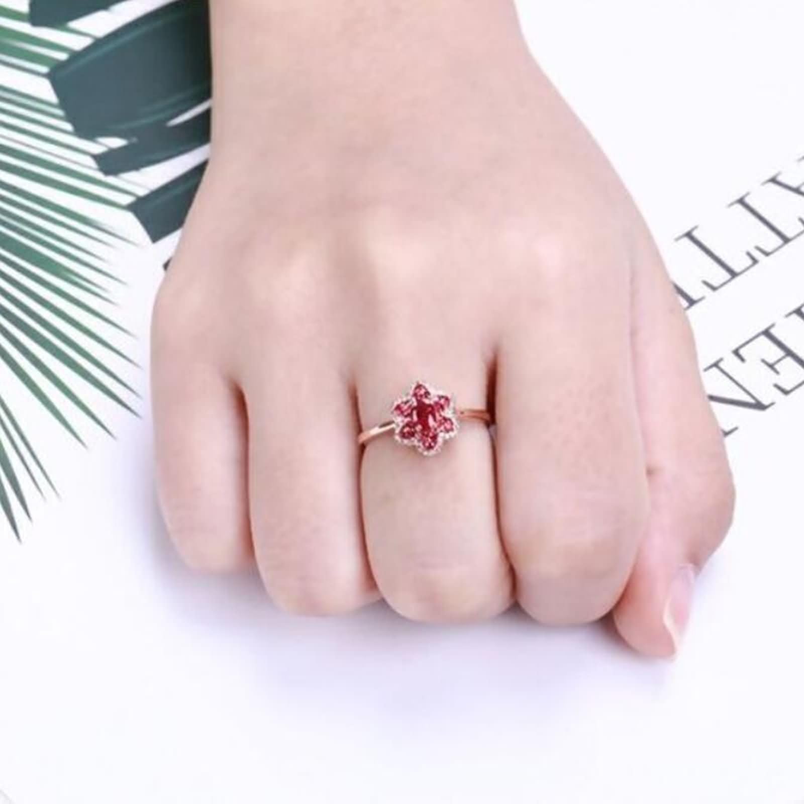 Daesar Anillos Mujer de Boda con Flor y Oval con Rubí Creado de 0.67ct y Moissanita, Oro Rosa 9K/14K/18K, Anillo de Compromiso de Matrimonio Oro Rosa
