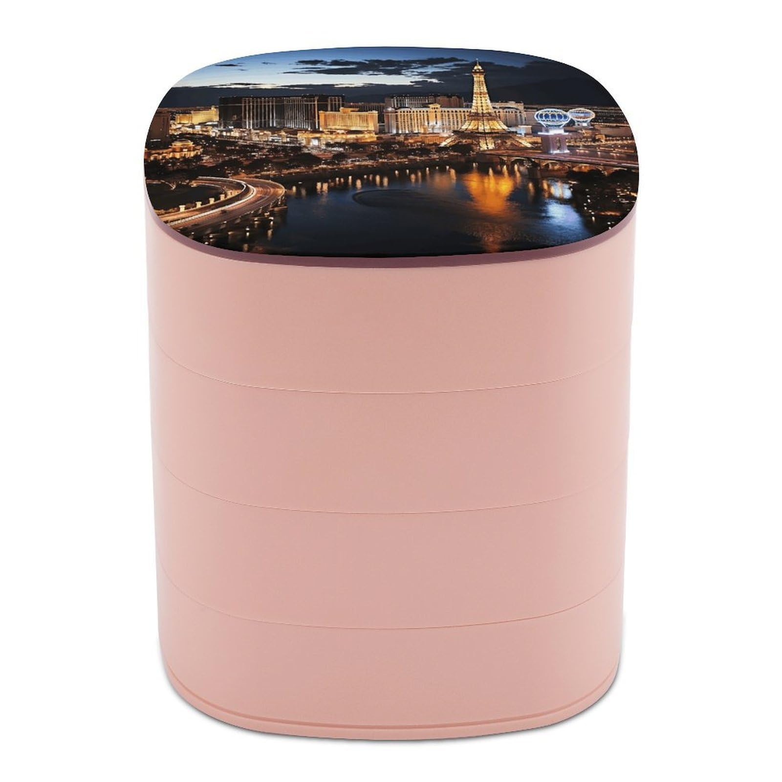VstaDank Las Vegas Night View Jewelry Box with Mirror Travel Small Jewelry Case for Women 4-Layer Rotatable Jewelry Organizer Storage Box Portable Jewelry Storage Case for Rings Earrings
