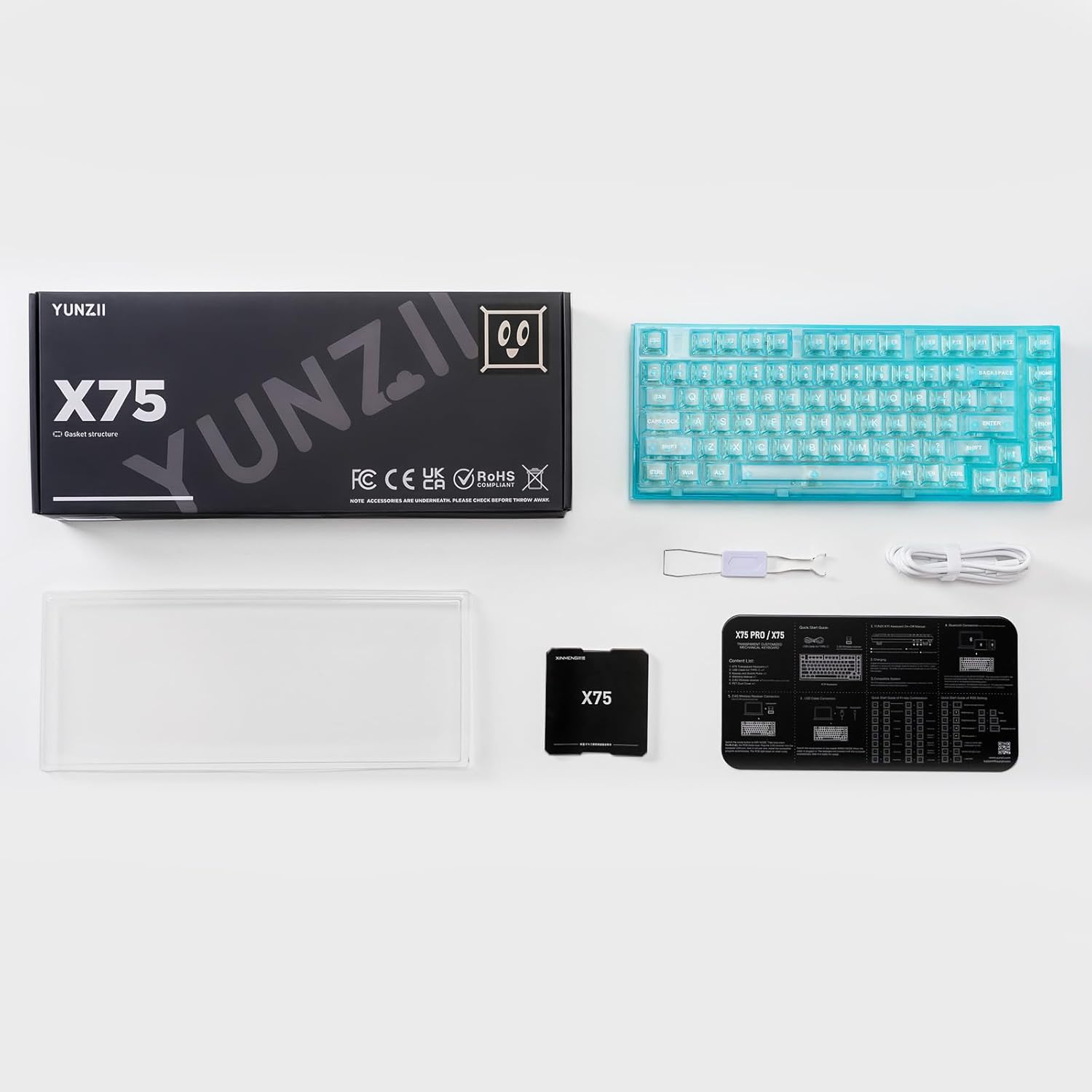 YUNZII X75 PRO 82 Key Wireless Hot Swappable Mechanical Gaming Keyboard with Transparent Keycaps,BT5.0/2.4G/USB-C, Gasket Keyboard,for Windows/Mac (Kailh Jellyfish Switch, Wireless-Light Blue)