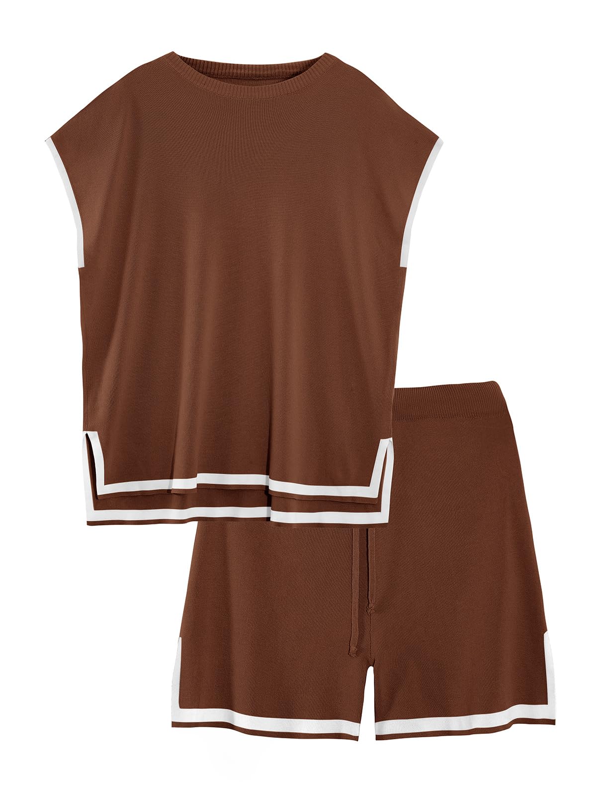 Svanco Chándal De 2 Piezas Para Mujer Casual De Punto Sin Mangas Pantalones Cortos Conjunto Señoras Cuello Redondo Conjunto De Dos Piezas Color Sólido Camisa Y Pantalones Cortos S-XL