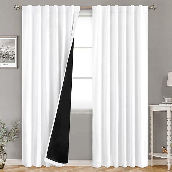 BGment Pure White 100% Blackout Curtains for Bedroom, Black Out Living Room 84 inch Panels with Thermal Liner, Rod Pocket and Back Tab Double Layer Room Darkening Drapes, 2 Panels, Each 52 x 84 Inch