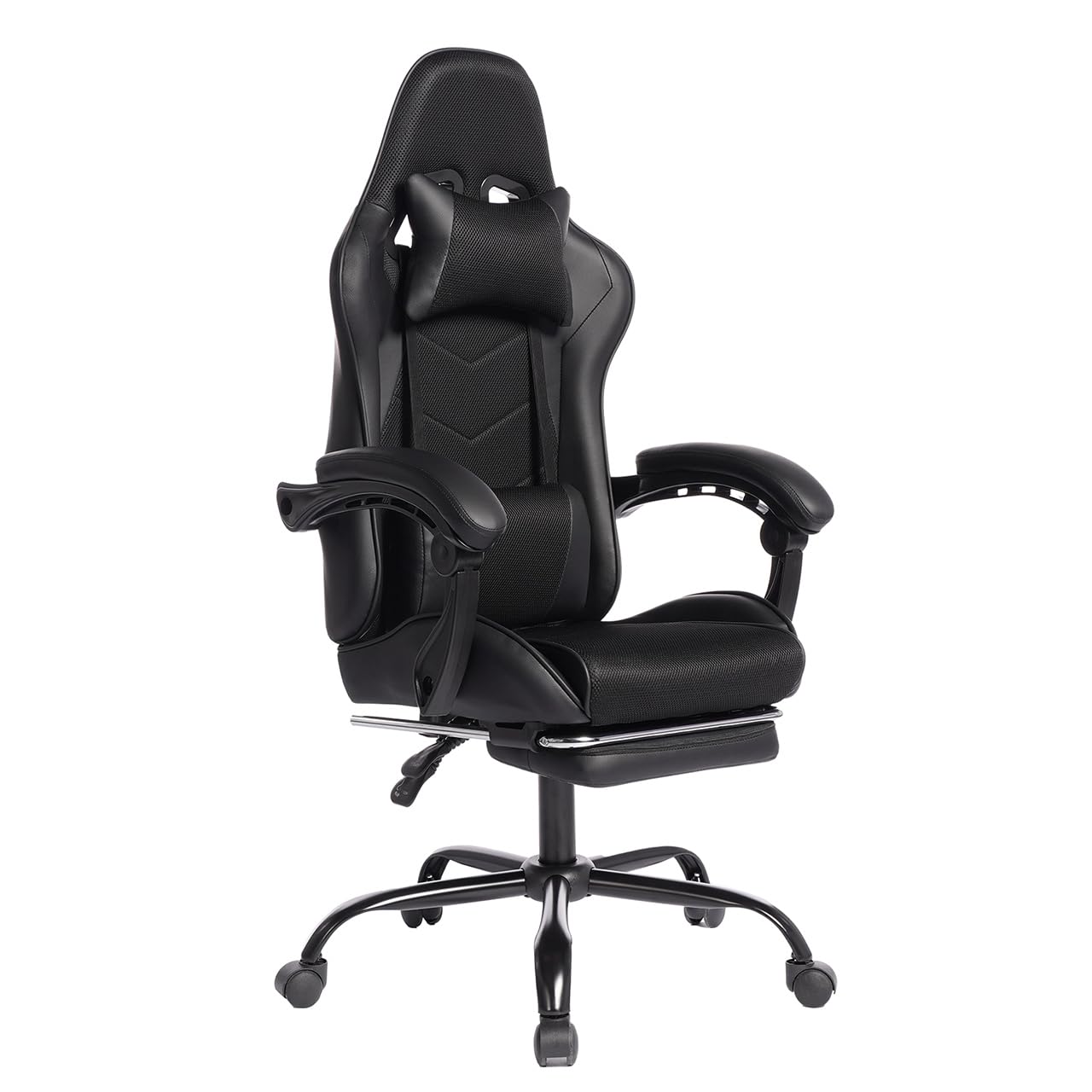 Gaming Desk Chair for Adults, Ergonomic Gaming Chair with Footrest &amp; Headrest and Lumbar Support, Leather Material Height Adjustable Computer Video Game Chairs (Black Upgrade)