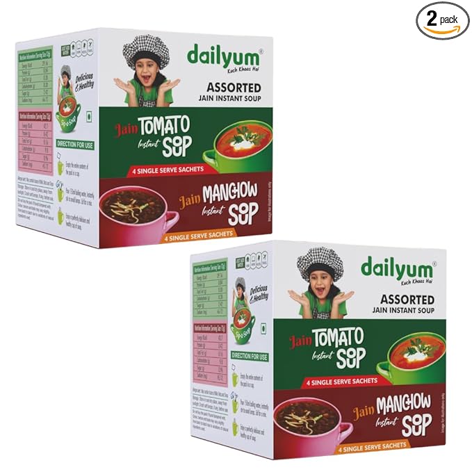 Jain Instant Assorted Soup|Tomato and Manchow Soup| 8 Single Serve Sachets,4 Each | Just Boil-Stir-Sip | 12g Each Sip-A-Soup| Natural | No MSG | Pack of 2 Box