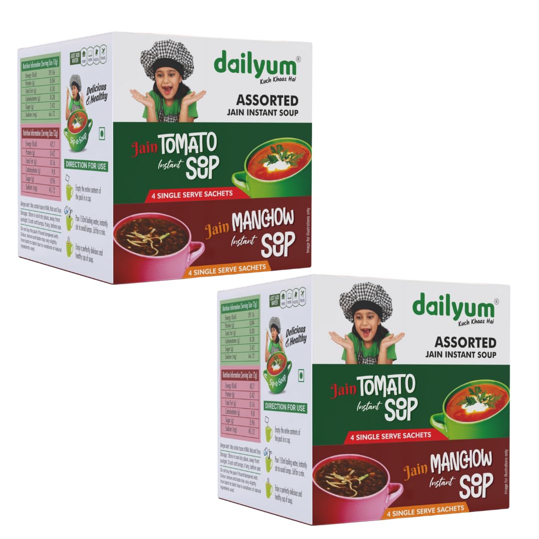 Dailyum Jain Instant Assorted Soup|Tomato and Manchow Soup| 8 Single Serve Sachets,4 Each | Just Boil-Stir-Sip | 12g Each Sip-A-Soup| Natural | No MSG | Pack of 2 Box (B0CBZLYYN1) Amazon Price History, Amazon Price Tracker