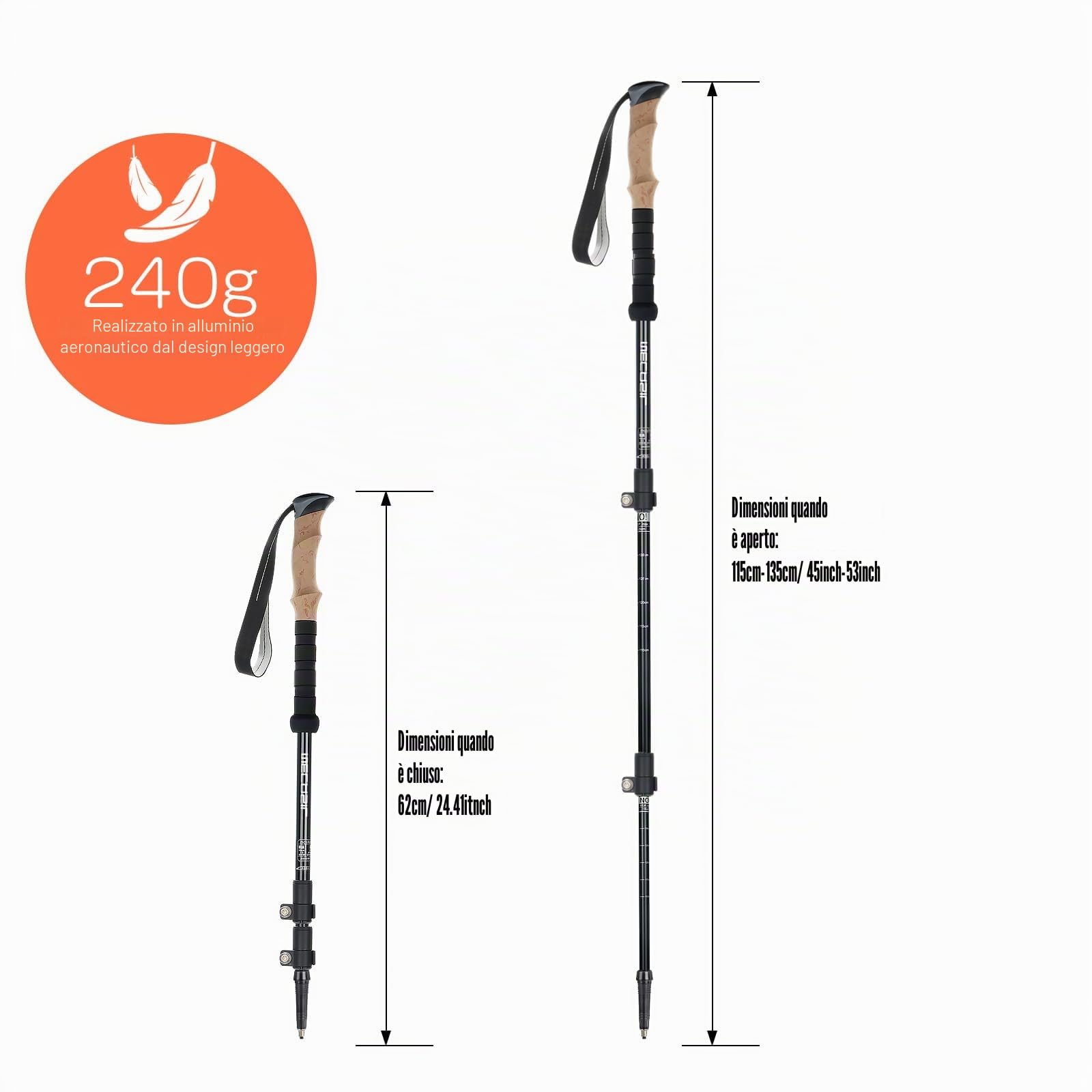 Bastoni da trekking/bastoncini da passeggio/da escursione-110-135 cm, pieghevole-regolabile-telescopico-per uomini e donne
