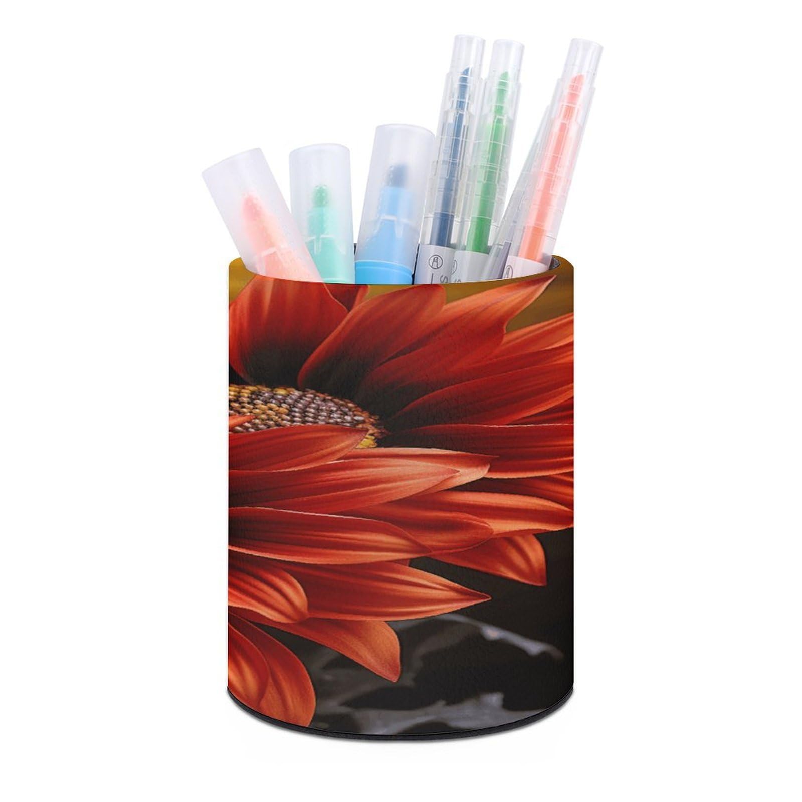 VstaDank Red Sunflower Pen Holder PU Leather Pencil Cup Minimalist Desk Pencil Holder Round Make Up Brush Organizers For Office Dorm Room&Vanity Desk Accessories