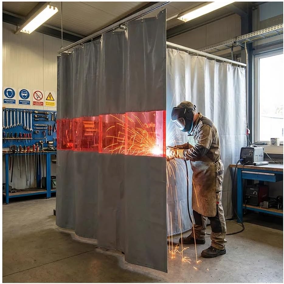Welding Curtain Divider Screens, Silicone Coated Fireproof Blanket with Red Viewing Window, Heavy Duty Panel Shield Mat for Industrial, Workshop, Cutters(8.5X2.5 M)
