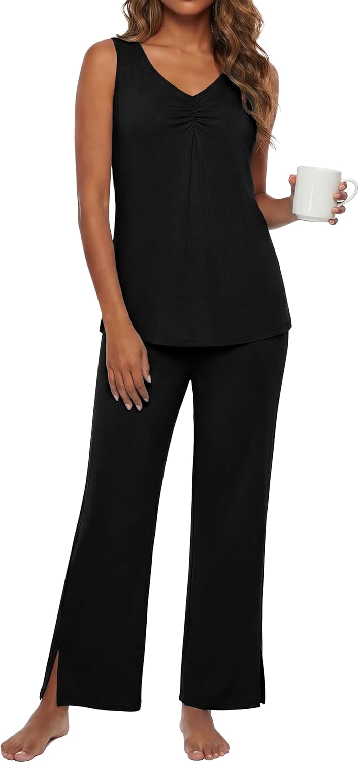 PrinStory Womens Pajama Sets Soft Knit Pjs 2 Piece Sleeveless Pajama Set Summer Lightweight Pj with Pockets - Image 2