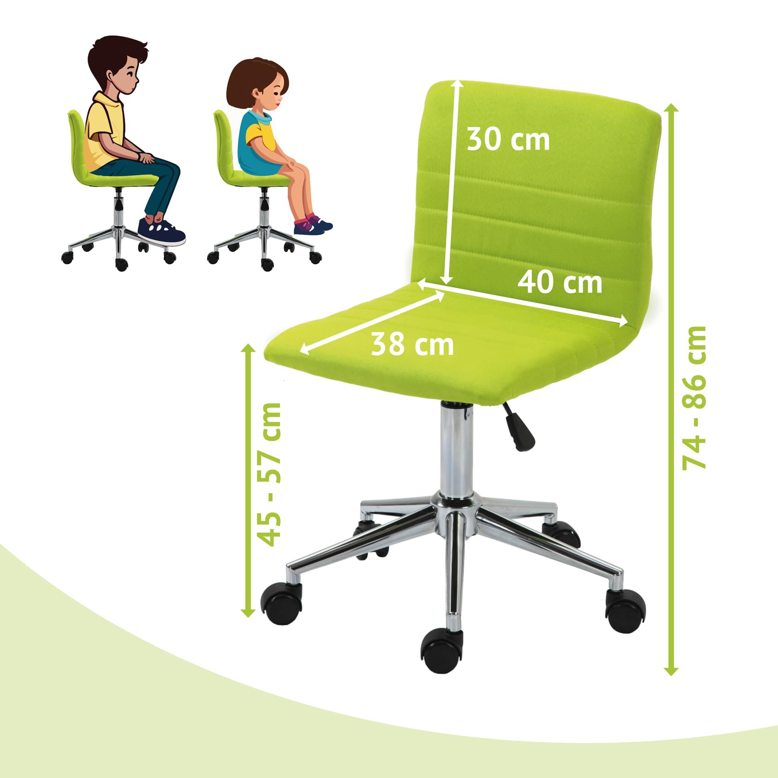 SVITA Linus Chaise Bureau Enfant Pivotante Tissu Vert - Réglable En Hauteur Pour Étude