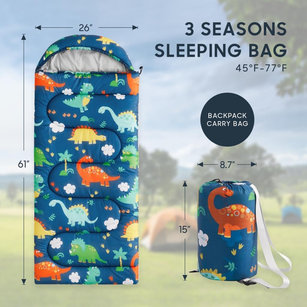 Wake In Cloud - Kids Sleeping Bag for Boys Toddlers, Camping in Warm Cold Weather, Backpacking Lightweight Compact Outdoor Liner for 3 Seasons, Cartoon Jurassic Dinosaur