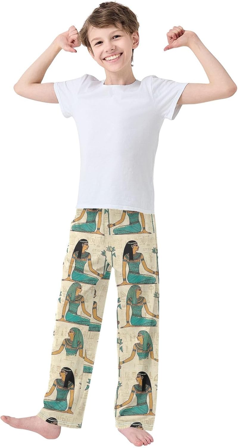 Retro Egyptian Art Turquoise Pajama Pants, Soft Cozy Loungewear Sleepwear, Elastic Waist with Pockets