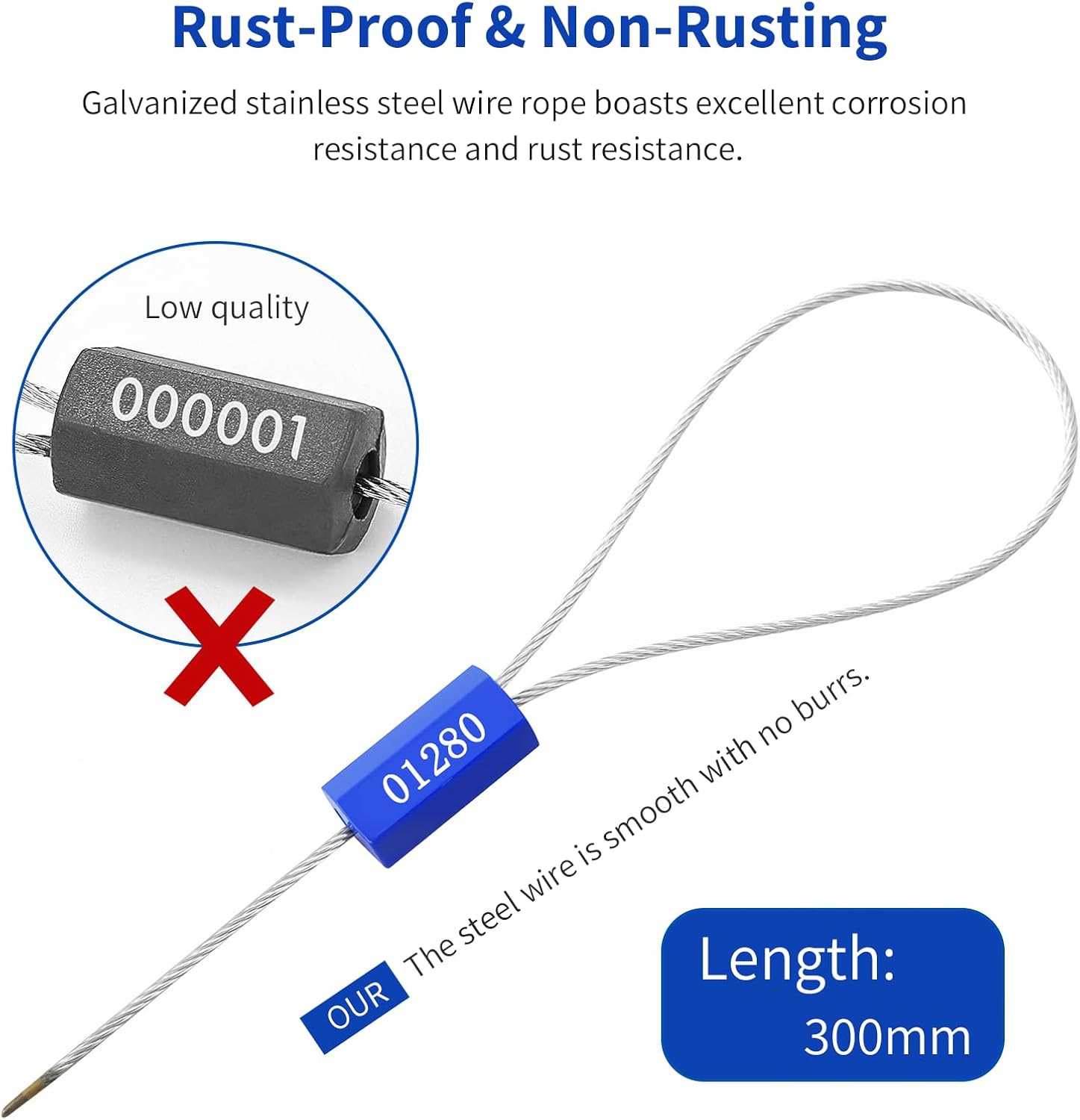 11.8 Inch Steel Security Cable Seals Numbered Tamper Proof Security Tags Disposable Self-Locking Cable Steel Wire Seal (Blue,25 Pcs +Yellow,25 Pcs)