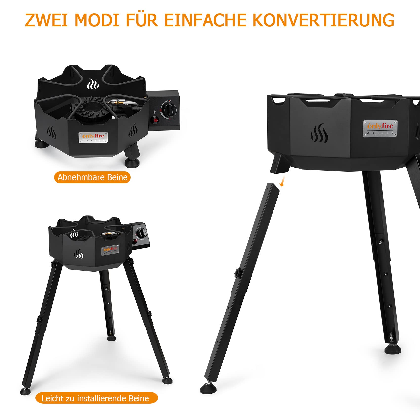 Onlyfire 5.2Kw Campingkocher | Gas-Hockerkocher | Wok Gasbrenner mit Verstellbare & Abnehmbare Füße, Outdoor Gasherd Camping Gaskocher Grill inkl. Gasschlauch und Gasdruckregler