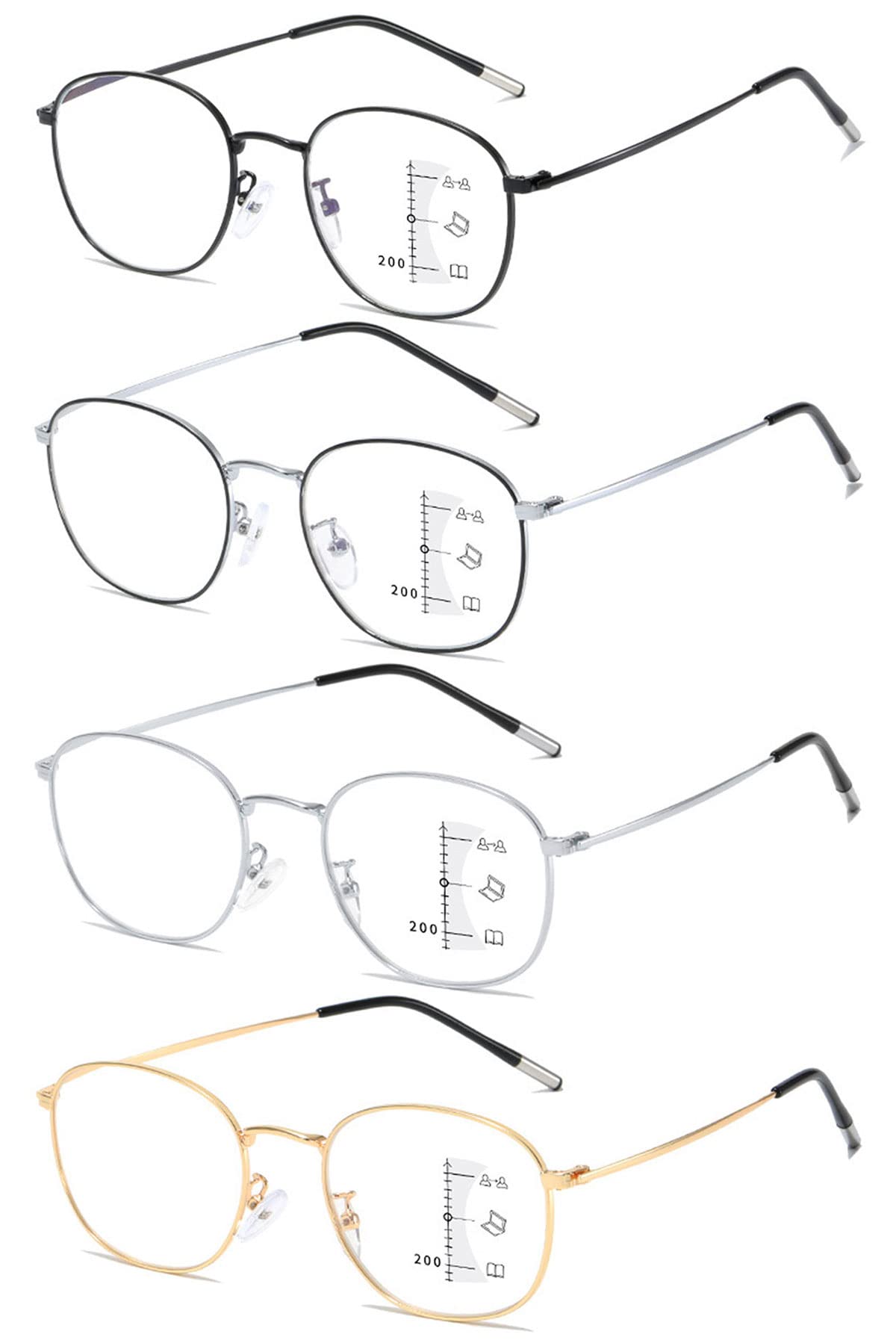 KOOSUFA Mode Runde Gleitsicht Lesebrille Gleitsichtbrille Progressive Multifokus Anti-Blaulicht Herren Damen Ultra Leicht Metallrahmen Arbeitsplatzbrille Lesehilfe 1.0 1.5 2.0 2.5 3.0 3.5 4.0