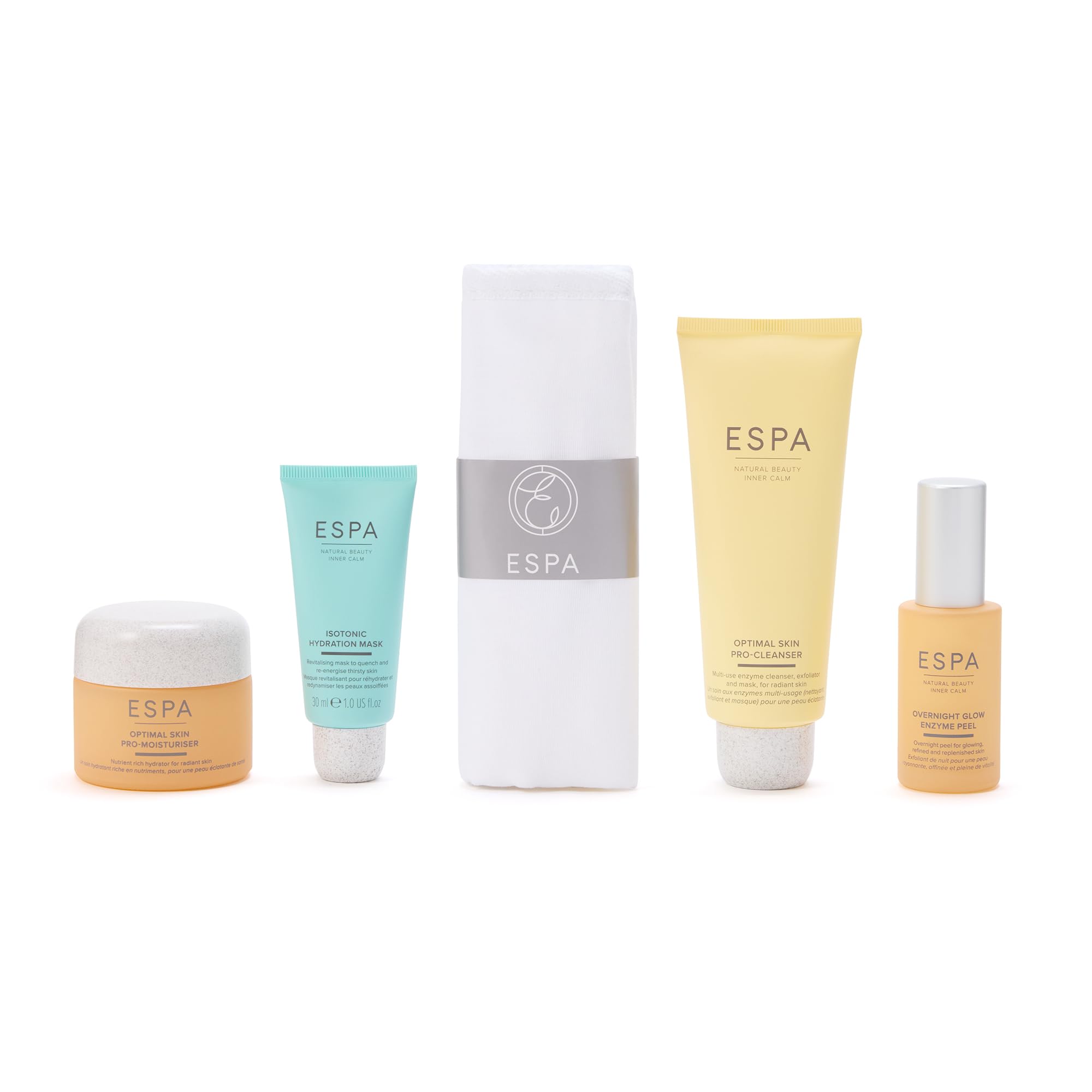 ESPA Radiant Glow Collection | Active Nutrients Spa Skincare Gift Set Worth over $300| 4-Step Routine with Cleanser, Enzyme Peel, Moisturiser & Hydration Mask, Cotton Cleansing Cloth & Cosmetic Bag