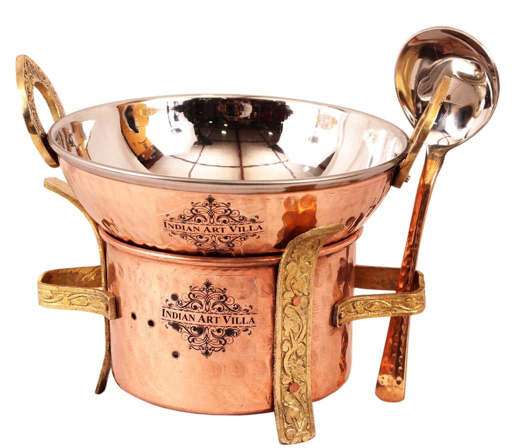 INDIAN ART VILLA Pure Copper Kadhai Set with Brass Angithi Stand & Serving Spoon, 700 ml Traditional Serveware for Curry, Biryani, Home, Hotel, Restaurant, Buffet & Gifting-picture-24