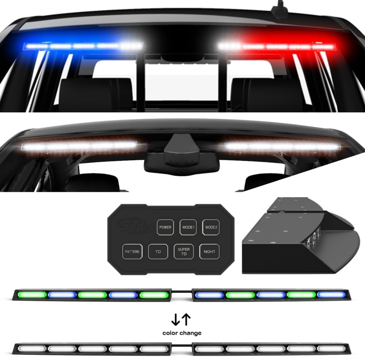 SpeedTech Lights Super Take Down Raptor TIR Upper Windshield Interior Split LED Strobe Visor Light Bar for Hazard Emergency Vehicle Warning Flashing/STD w/Control Box - Blue/Green Alternating - Clear