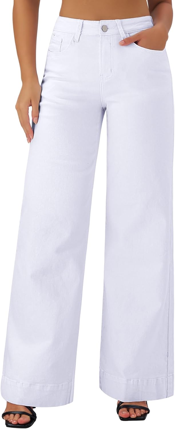 roswear Women's Wide Leg Jeans Casual High Waisted Stretchy Baggy Loose Long Trouser Jeans