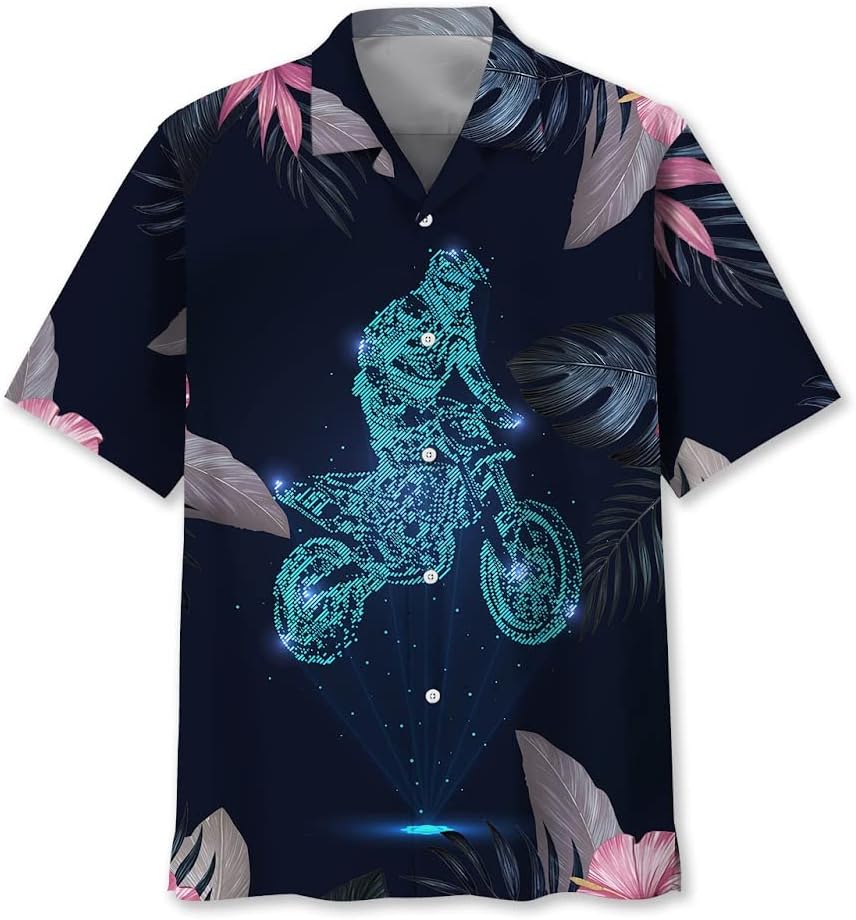 Motocross Hawaiian Shirts for Men Short Sleeve Regular Fit Aloha Beach Shirt Floral Summer Casual Button Down Shirts