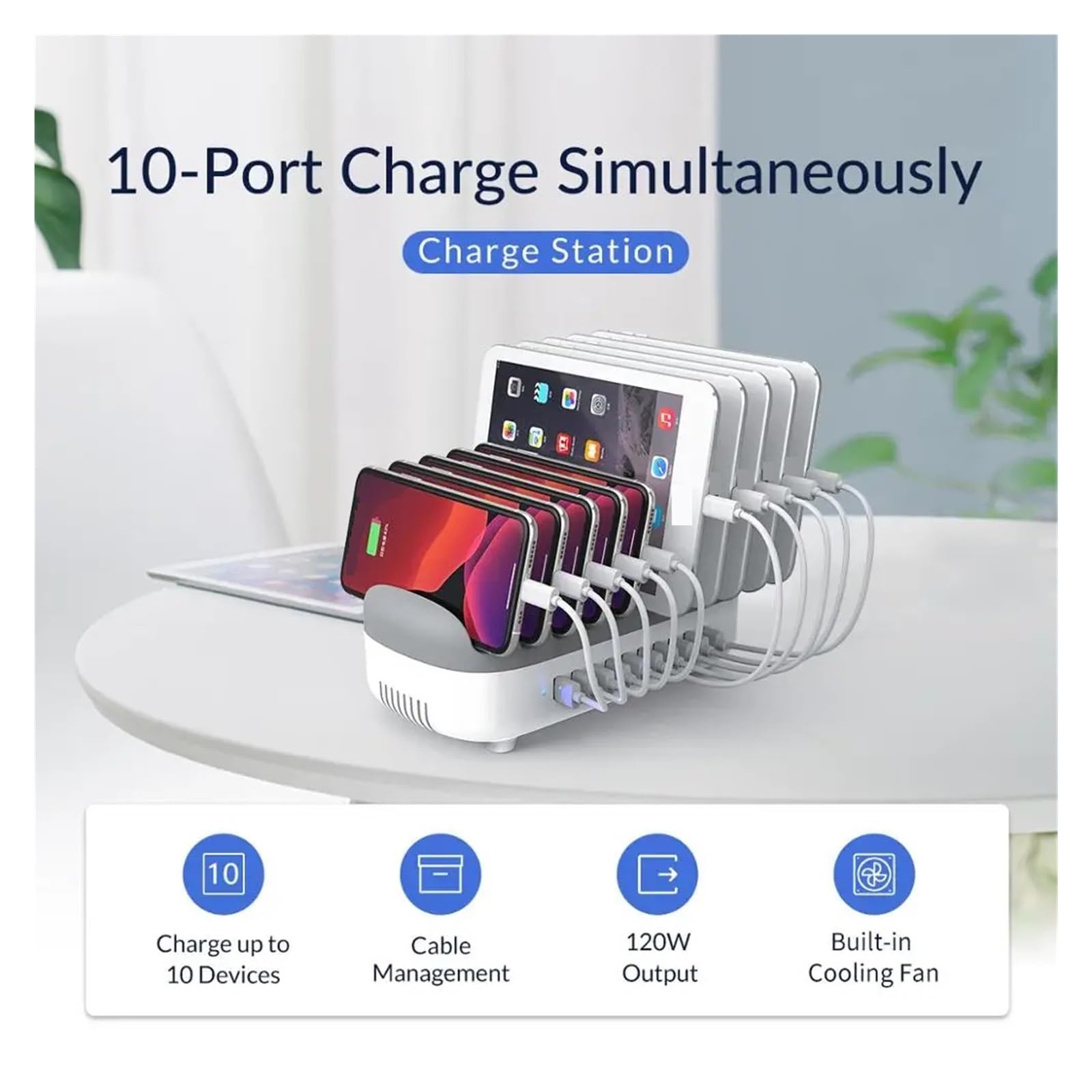 Wieloportowa Stacja Ładująca USB Dokująca PD120W 5 V 2,4 A Szybka Ładowarka Do Tabletu Office Bar(Black With Cable)