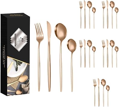 Silverware Cutlery Dining Service for 6, Knives Forks Spoon Set, Dishwasher Safe, Flatware Service for 24 PCS for Formal Events, Parties, Camping PicnicSizeA,ColorRose Gold