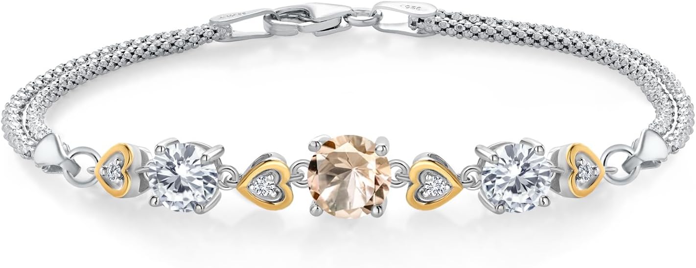 Gem Stone King 925 Silver and 10K Yellow Gold Bracelet Set with Round Peach Morganite and Moissanite (2.83 Cttw)