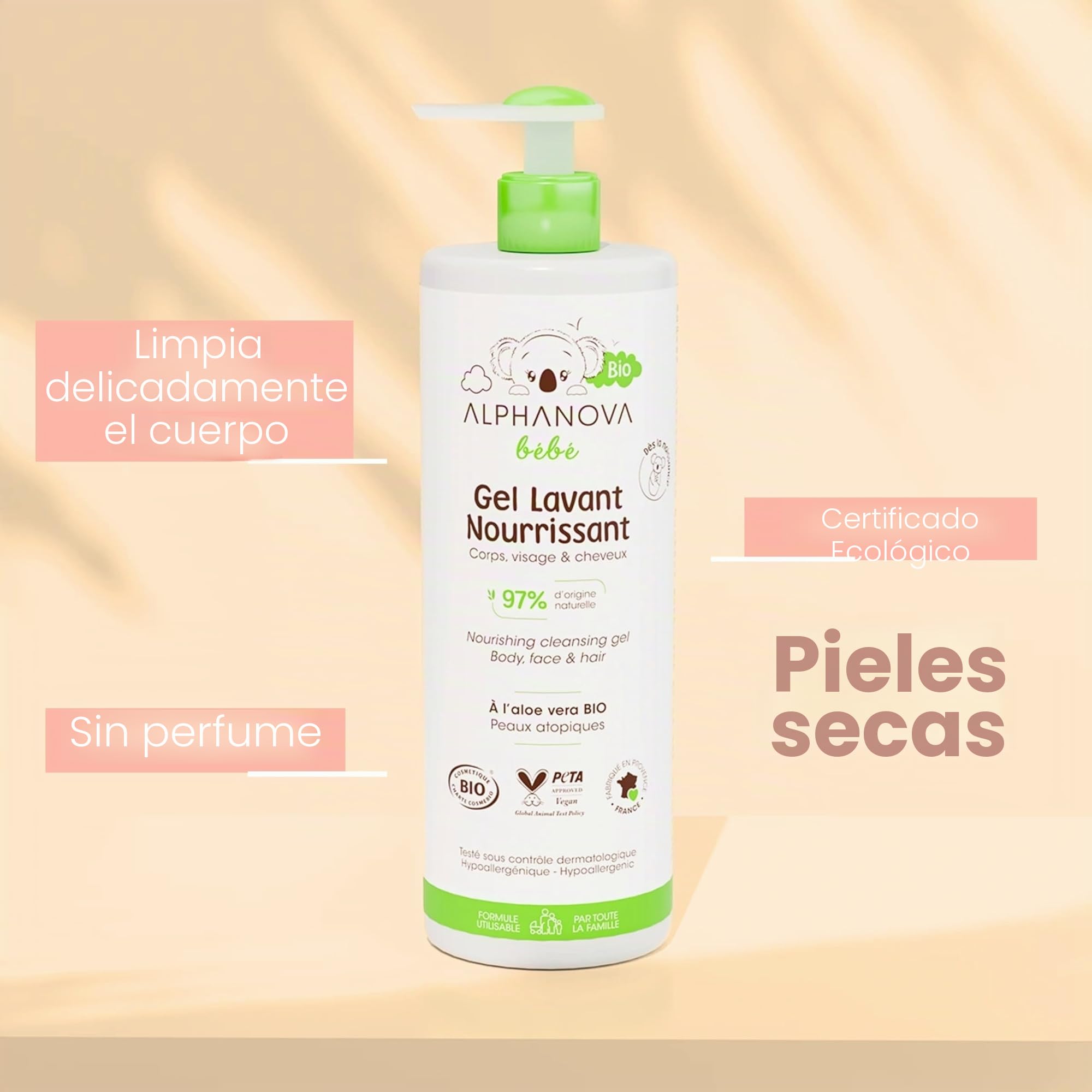 ALPHANOVA Bébé Gel de lavado natural y orgánico* – Cuerpo, cara y cabello – Especial para pieles sensibles, reactivas o secas – Certificado orgánico – Sin perfume – 400 ml