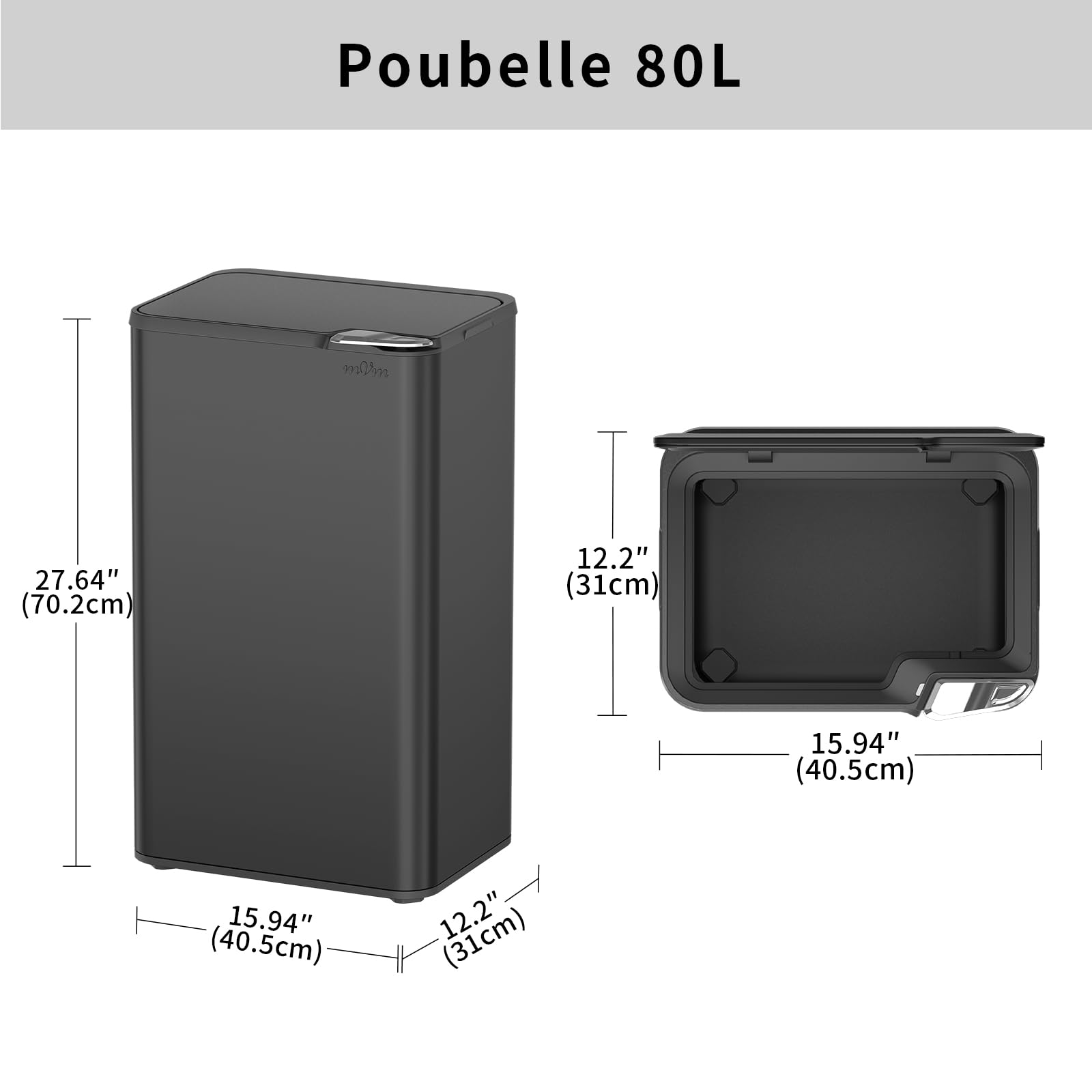 mVm Poubelle de Cuisine, Bureau 80L, avec Couvercle et Filtre Déodorant, Fermeture Douce et Maintien en Ouverture, en acier inoxydable, forme Rectangulaire, Support Détachable