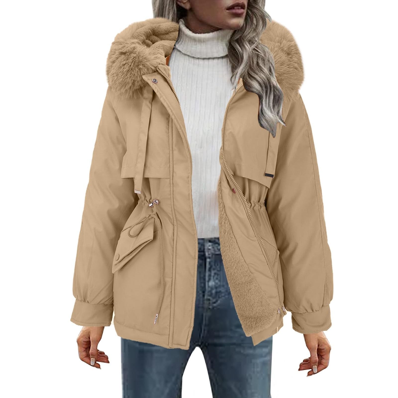 Winter Coats for Women Oversized Trendy Fleece Lined Zip Up Hoodie Jackets Faux Fur Outerwear Snow Coat with Pockets Jackets for Women Warm Winter Fuzzy Ski Jackets Waterproof Rain Jackets with Hood