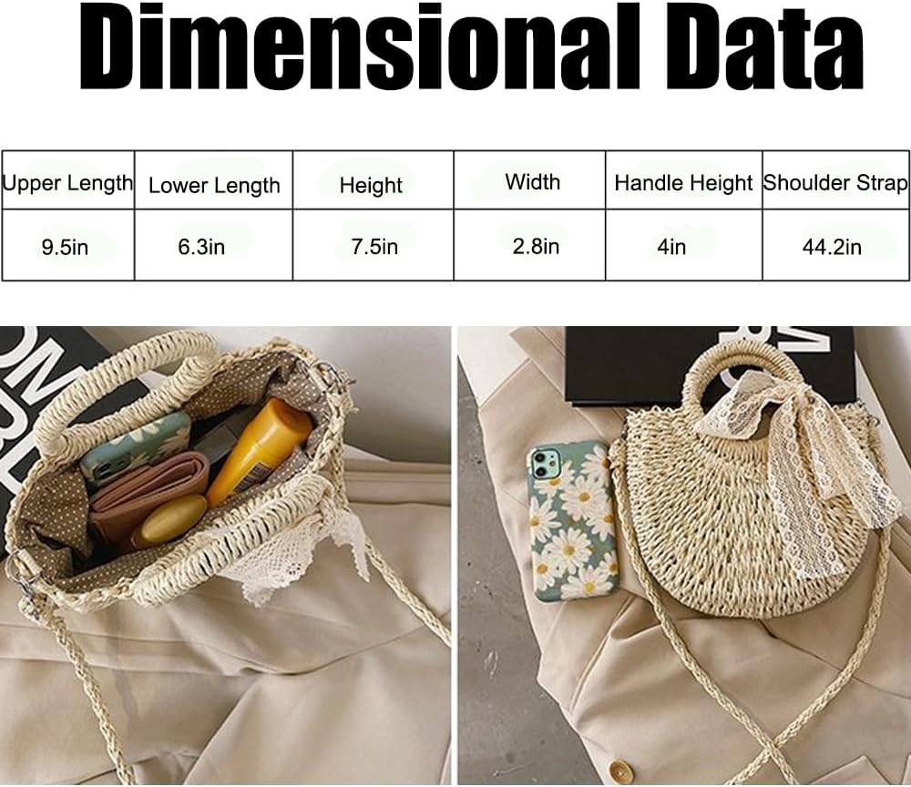 Summer Womens Handbags Rattan Straw Handmade Purse Beach Bag Semi Circle Crossbody Shoulder Bag Top Handle Handbag(Khaki)