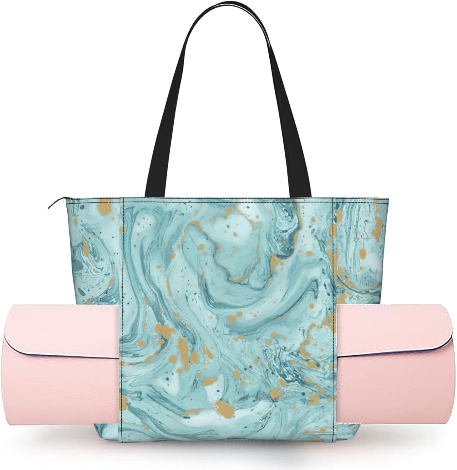 Azurite Teal And Foil Gold Oil Marble Pattern Print Women Yoga Bag One Shoulder Lightweight Large Capacity Daily Workout Outdoor
